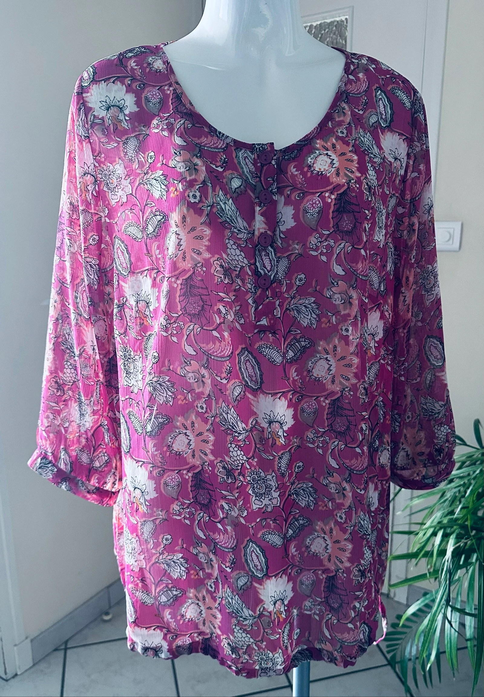 Pink Fuchsia Floral Blouse Damart Size 48 – Excellent Condition – Drawstring Tie – photo 4